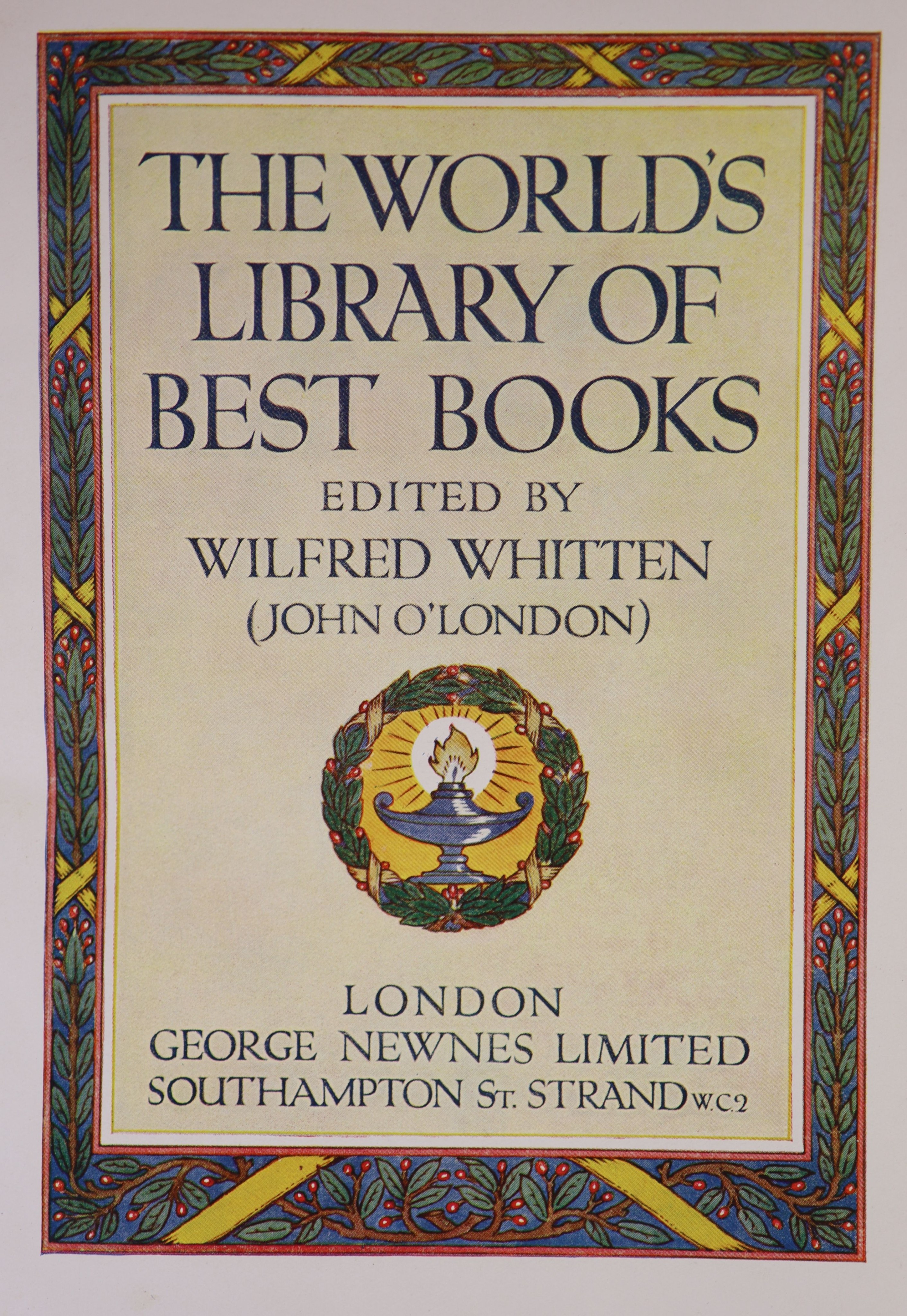 Whiten, Wilfred [editor] - The World’s Library of Best Books. 5 vols. Coloured pictorial title page and 12 coloured plates to each, plus numerous text illus. half morocco and cloth with gilt ruled spine and letters direc